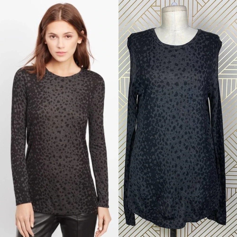 Vince Leopard Print Gray Long Sleeve Jersey Crew Neck Tee Top Size US Medium